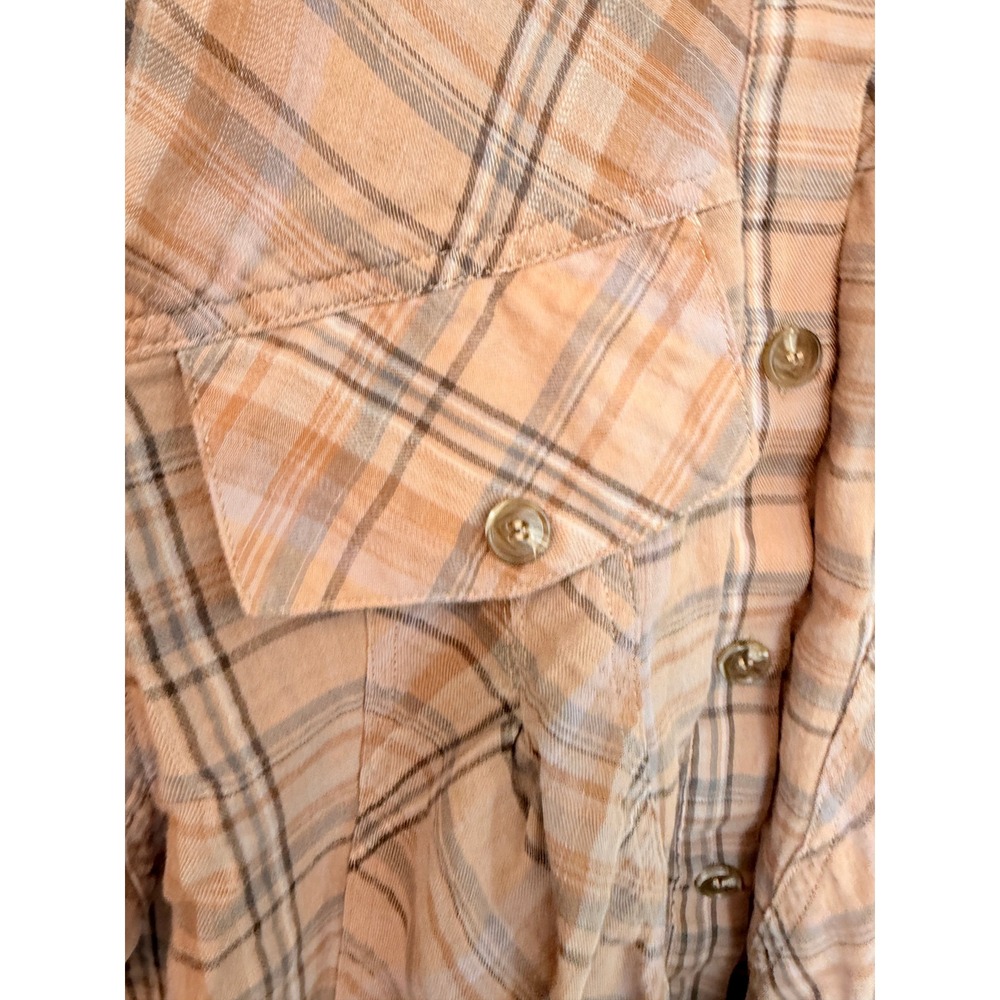 Millibon USA Gauzy Cotton Beige Plaid Cropped Western Swing Shirt Raw Hem Small - Picture 5 of 6